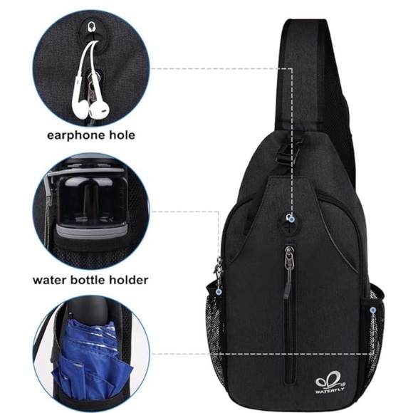 Waterfly Black Gray Sling Backpack Crossbody Hiking Travel Daypack - Picture 7 of 8